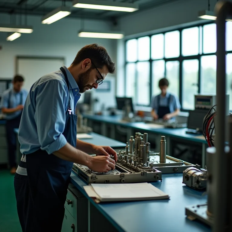 Linha de montagem de fábrica ao lado de sala de aula.