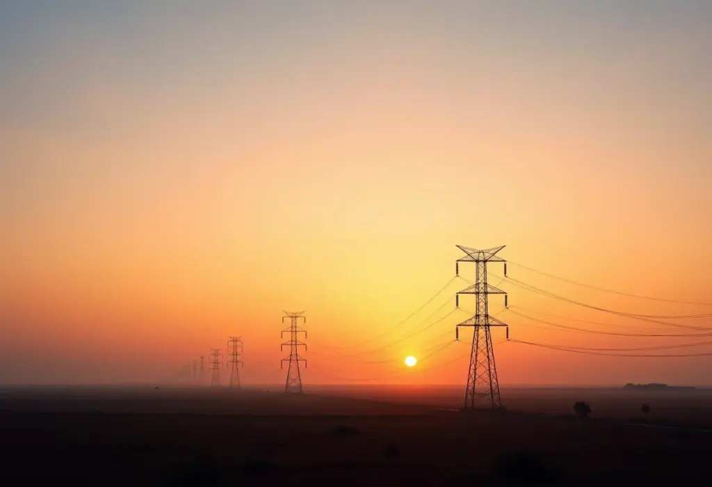 Linhas de energia em vasta paisagem ao pôr do sol