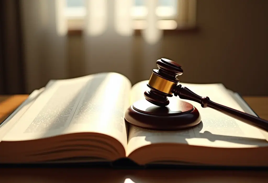 Livro de direito aberto com um martelo de juiz, representando uma sentença judicial.