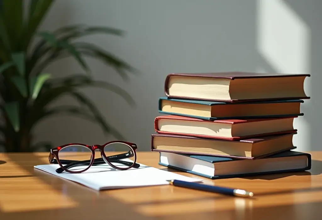 Livros didáticos empilhados com caneta e óculos em mesa de madeira.
