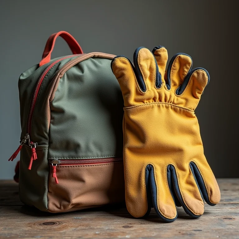 Luvas de trabalho desgastadas e mochila infantil lado a lado, simbolizando o trabalho infantil