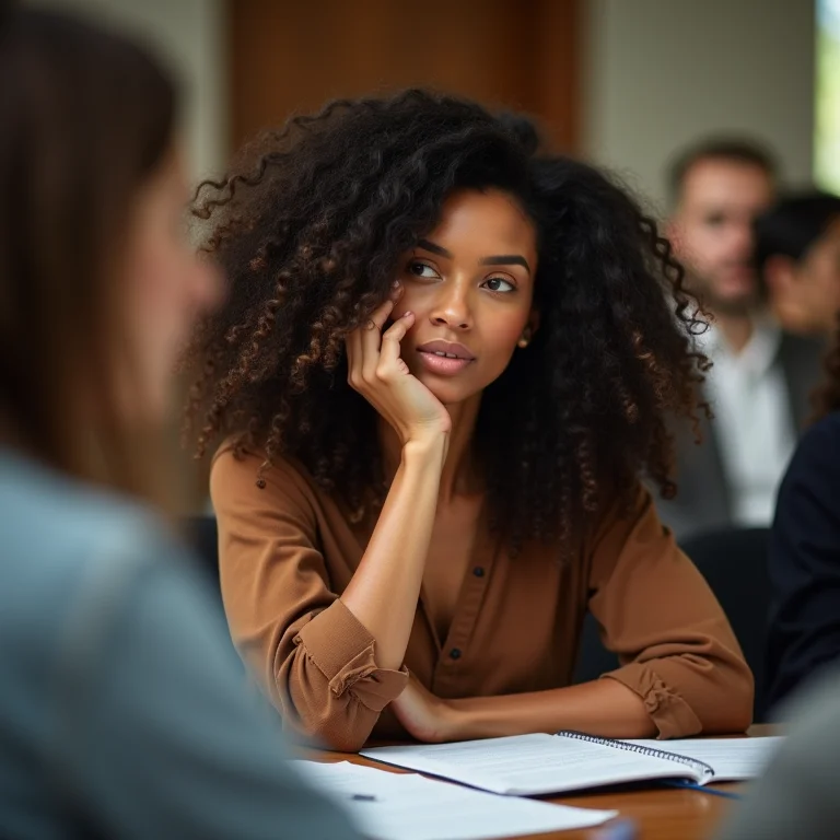 Mãe branca atenta em reunião escolar
