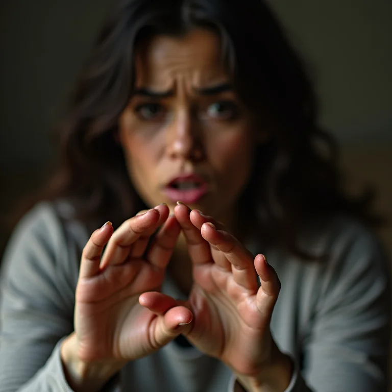 Mãe latina preocupada olhando para as mãos do filho, que estão calejadas e sujas, indicando possível exploração