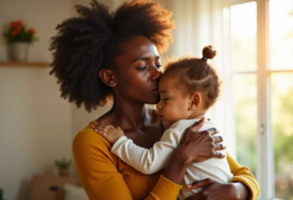 Trabalho infantil: o que você precisa saber para proteger seus filhos Mãe negra abraça seu filho em casa, demonstrando preocupação com o trabalho infantil