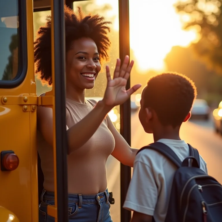 Mãe negra se despedindo do filho no ônibus escolar
