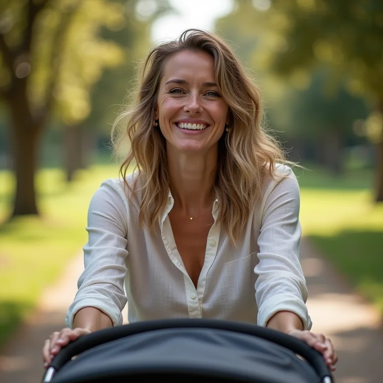 Mãe passeando com o bebê no parque.