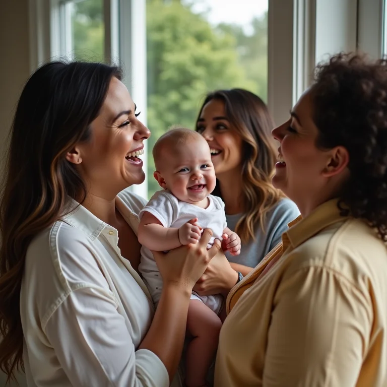 Mãe se divertindo com amigos e bebê.