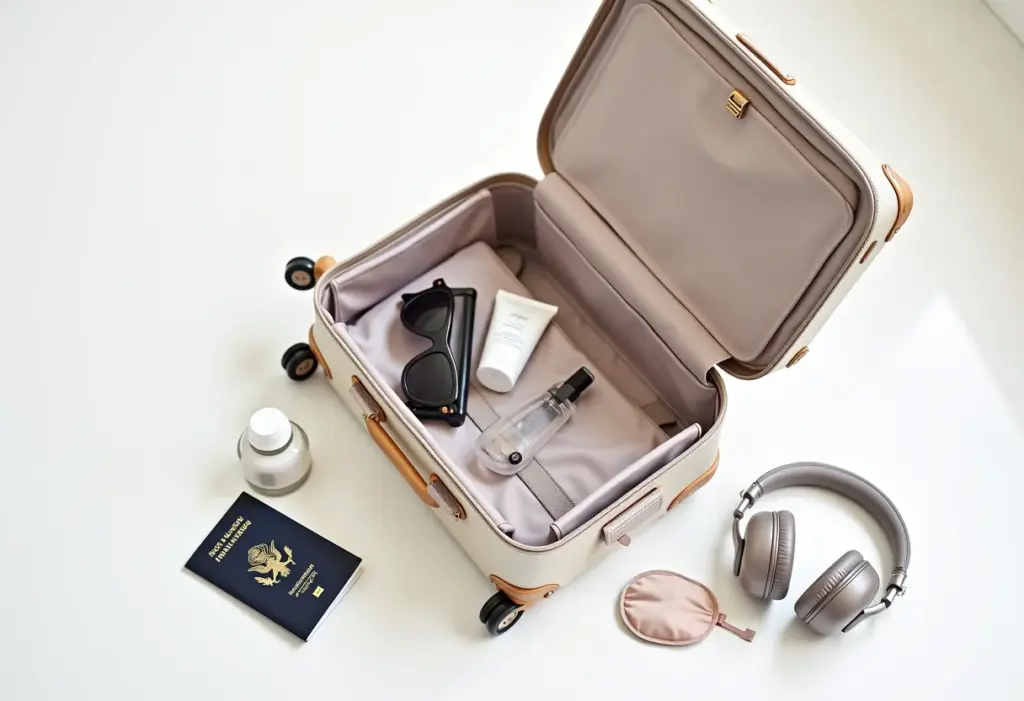 Mala de mão: Checklist essencial para não pagar excesso de bagagem Mala de mão aberta com acessórios de viagem organizados