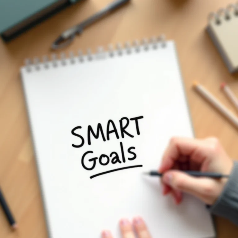 Mão escrevendo metas SMART em um caderno.