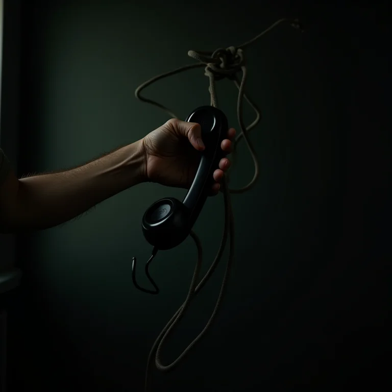 Mão segurando um telefone com fios emaranhados.