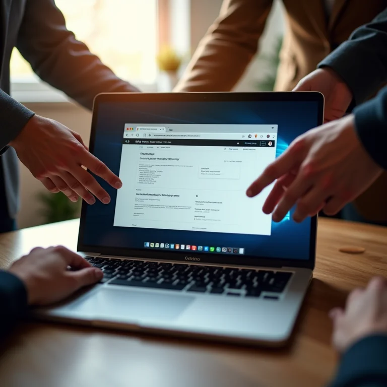 Mãos colaborando em um projeto GitHub em um laptop.