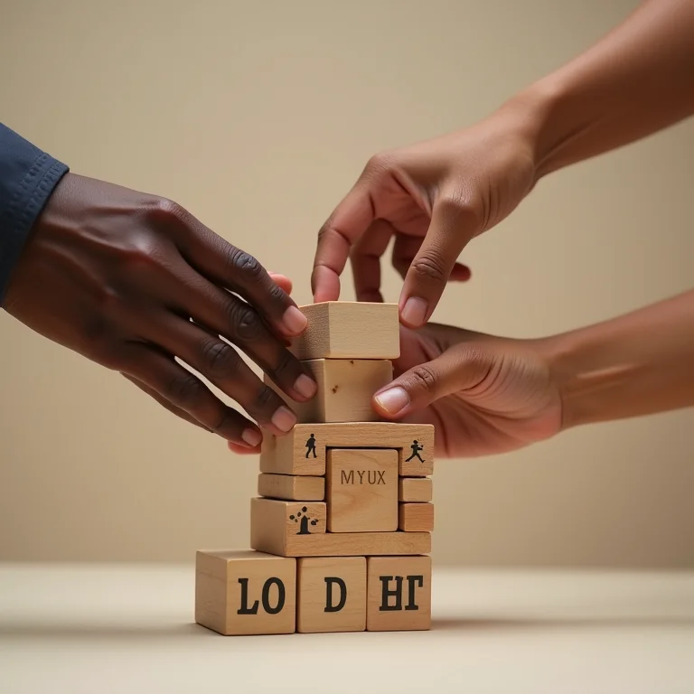 Mãos construindo torre de blocos simbolizando pilares da educação 5.0.