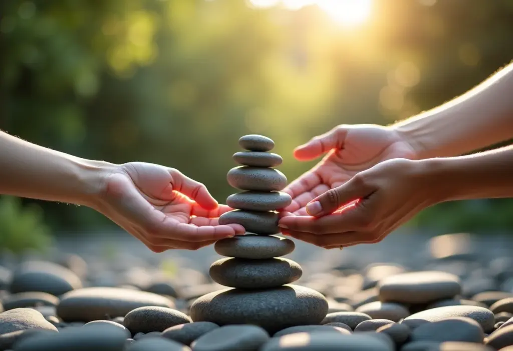 Cultura de Paz: O guia definitivo para construir um mundo melhor Mãos de diferentes etnias construindo uma torre de pedras em equilíbrio, simbolizando a construção da paz.