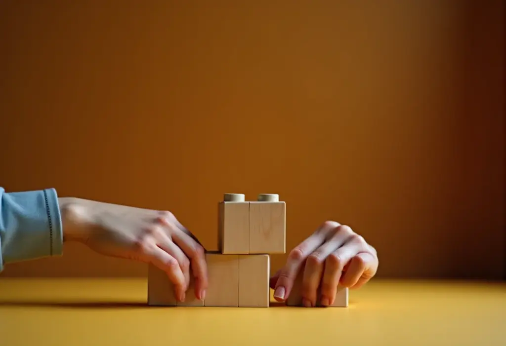 Educação e colaboração: a chave para um futuro inovador Mãos de estudantes colaborando em projeto de construção com blocos, simbolizando educação inovadora e colaborativa.