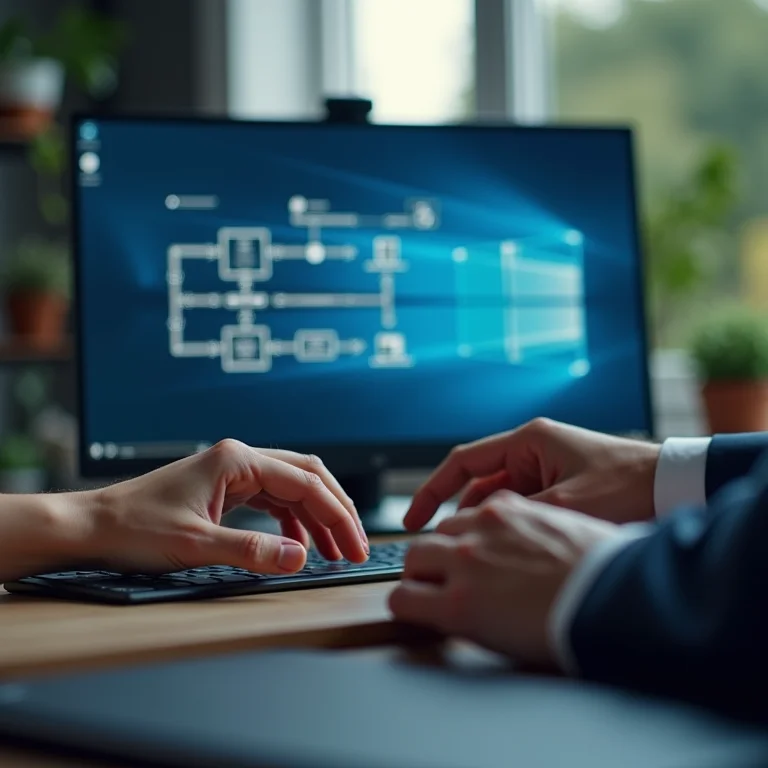 Mãos digitando em um teclado com diagrama de branches e merges no monitor.