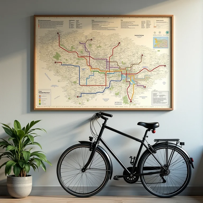 Mapa com rotas de transporte público, bilhete de ônibus e bicicleta