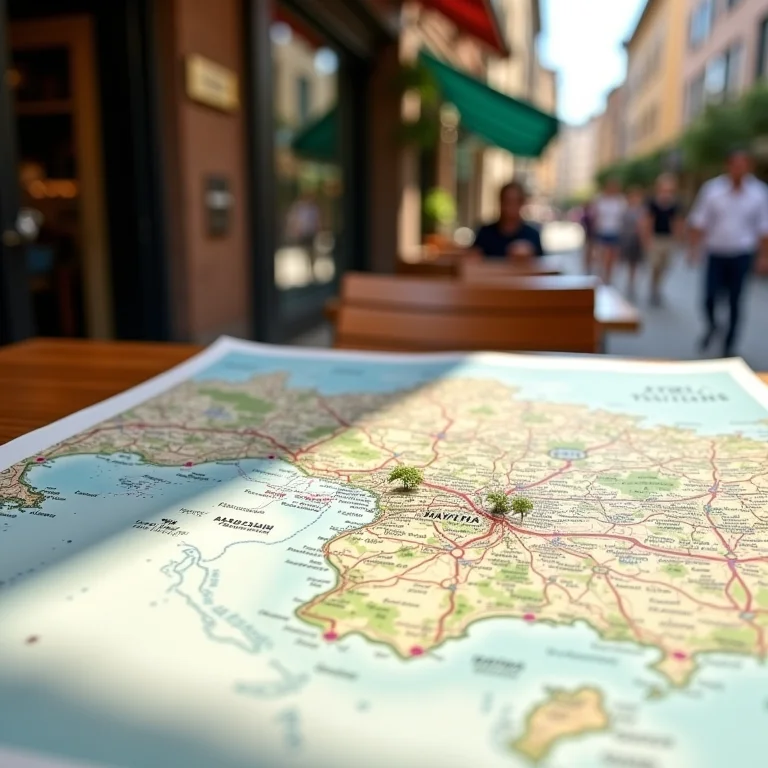 Mapa destacando áreas menos turísticas de Orlando, com café e lojas locais.