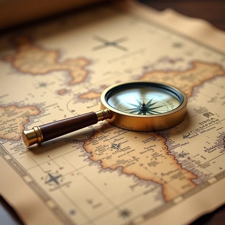 Mapa do tesouro antigo com bússola e lupa