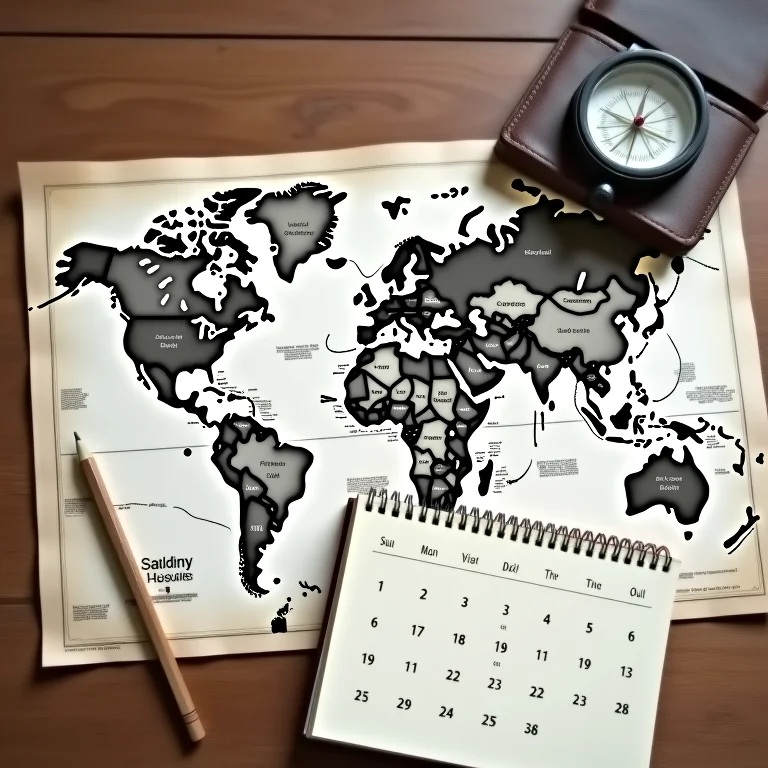 Mapa mundi, bússola, diário de viagem e calendário com datas de viagem marcadas
