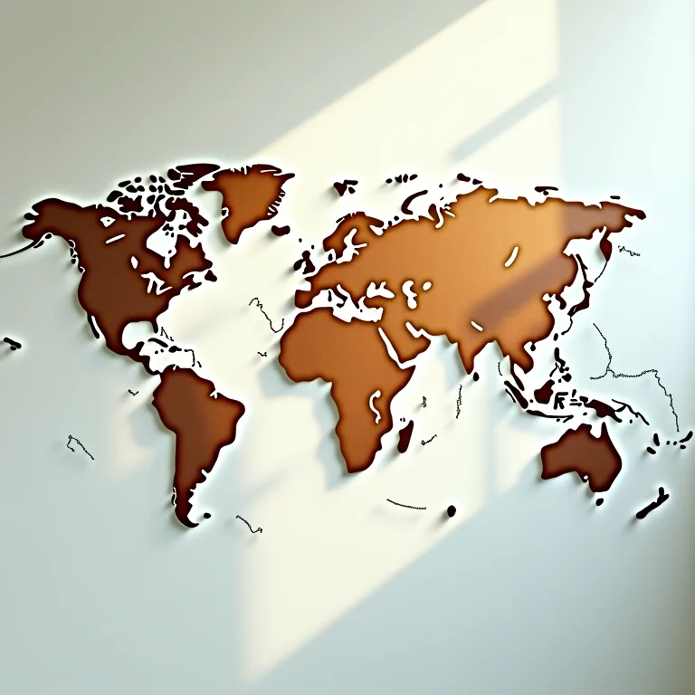 Mapa-múndi com temas geográficos destacados.