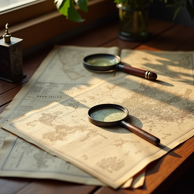 Mapas antigos e documentos históricos em mesa vintage