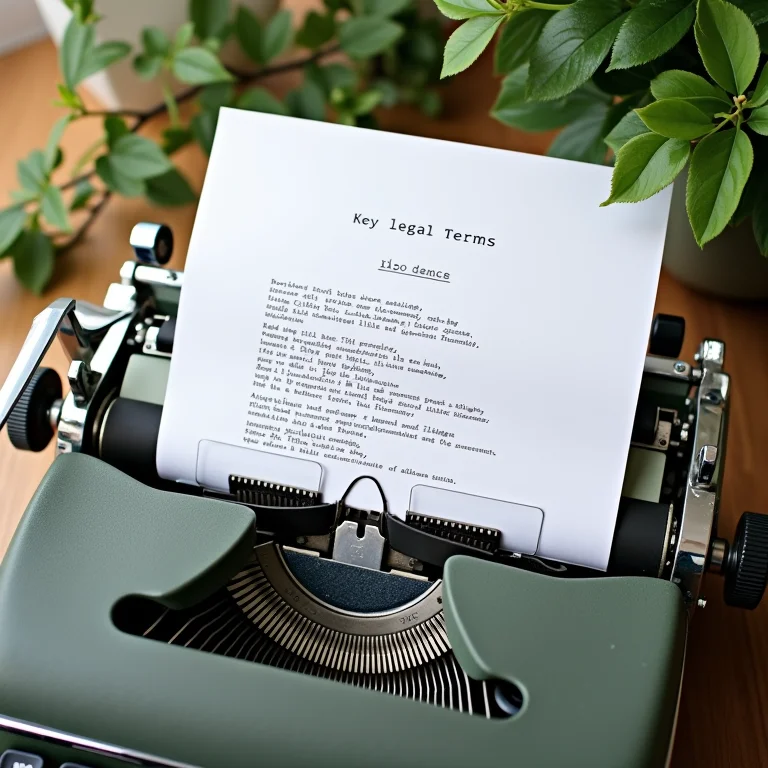 Máquina de escrever vintage com termos legais importantes, representando os elementos essenciais de uma sentença.