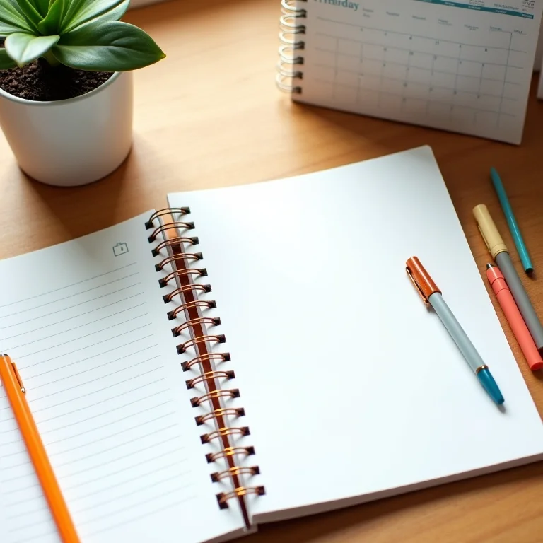 Materiais escolares organizados em mesa de madeira