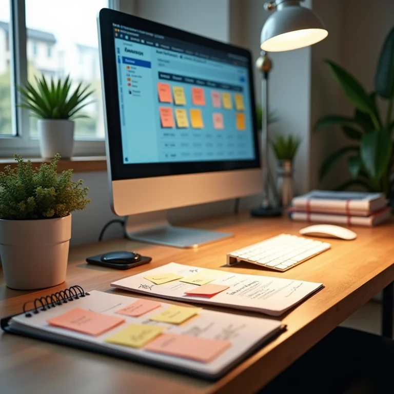 Mesa de trabalho minimalista e organizada com Kanban board no monitor