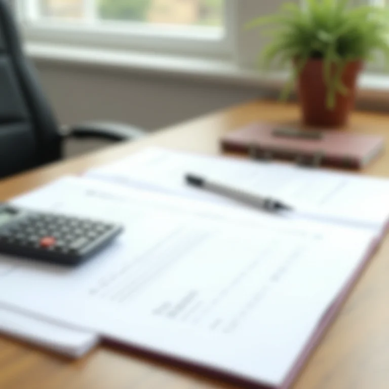 Mesa organizada com documentos e calculadora