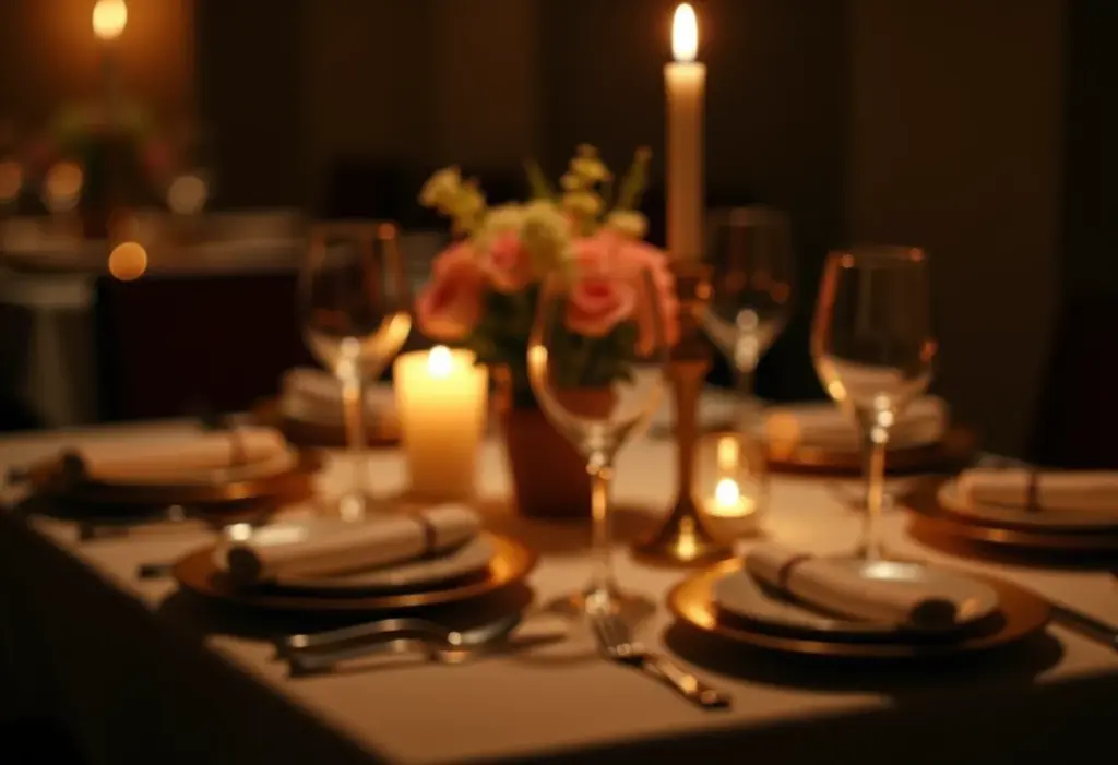 Mesa posta para jantar romântico: 7 erros que você não pode cometer Mesa posta para um jantar romântico com luz de velas e decoração elegante.