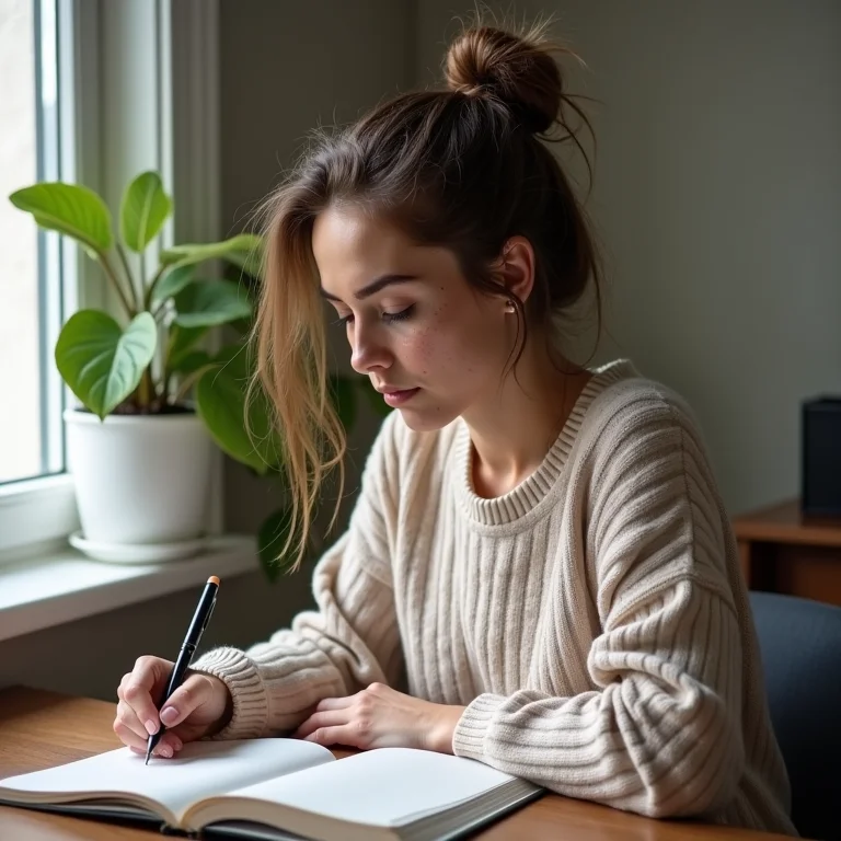 Metas financeiras: mulher branca escrevendo em diário