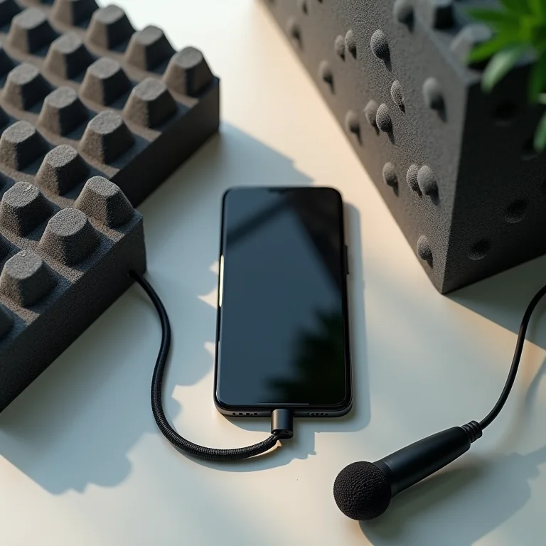 Microfone externo conectado a um celular para gravação de áudio
