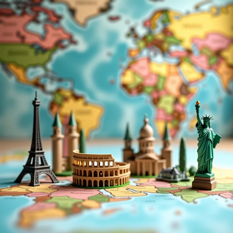 Miniaturas de pontos turísticos famosos em cima de um mapa mundi desfocado