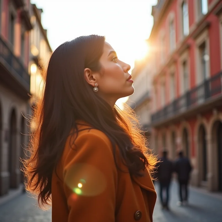 Mulher admirando arquitetura no centro histórico de Madrid.