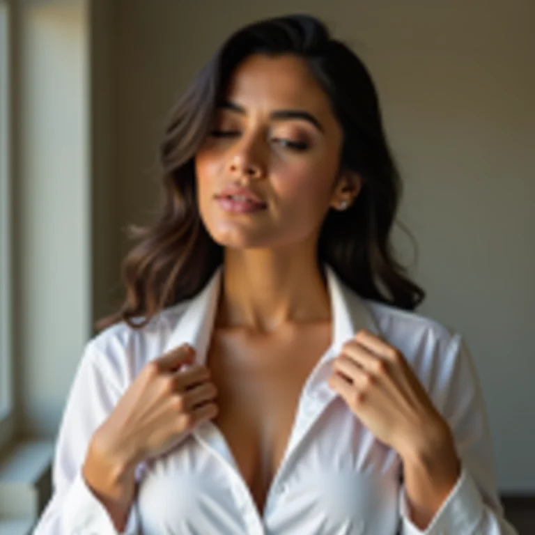 Mulher ajustando decote para entrevista online