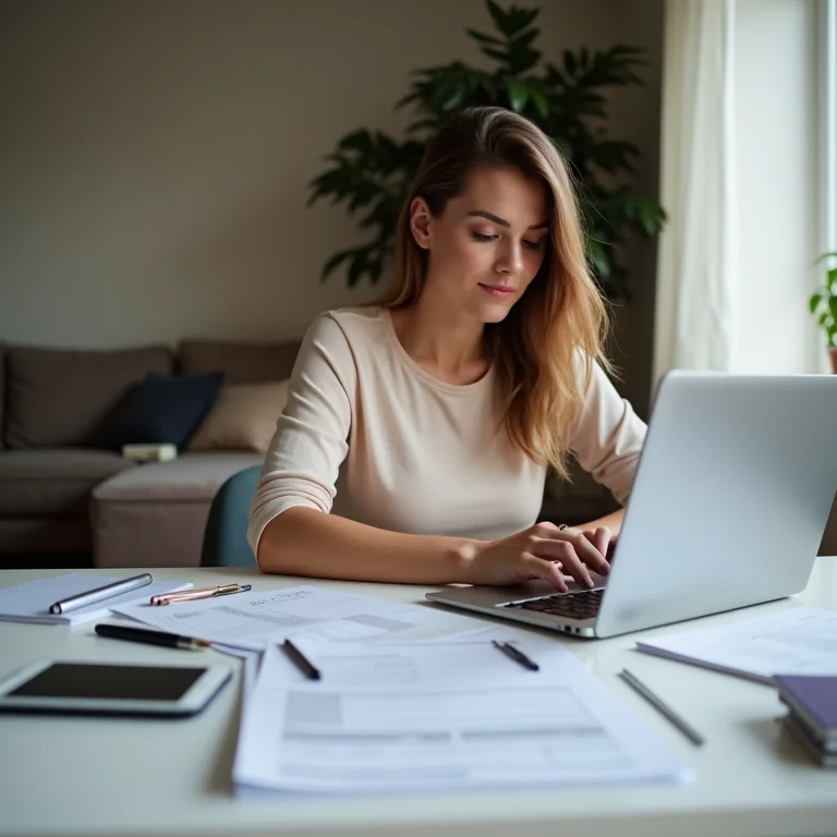 Mulher analisando orçamento e contas.