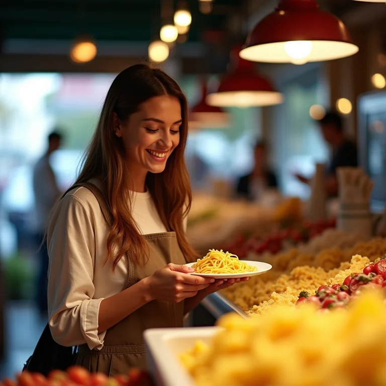 Mulher aproveitando um mercado gastronômico em Little Italy, Nova York.