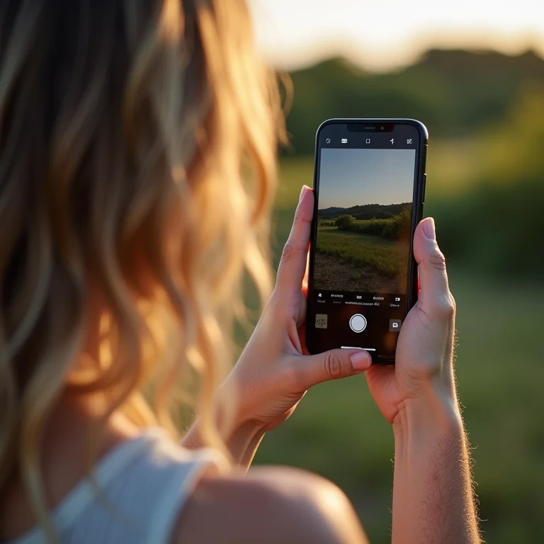 Mulher branca ajustando foco e exposição no celular