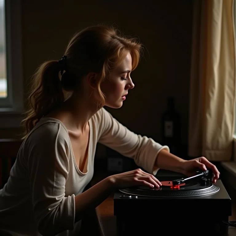 Mulher branca ajustando toca-discos em ambiente romântico.