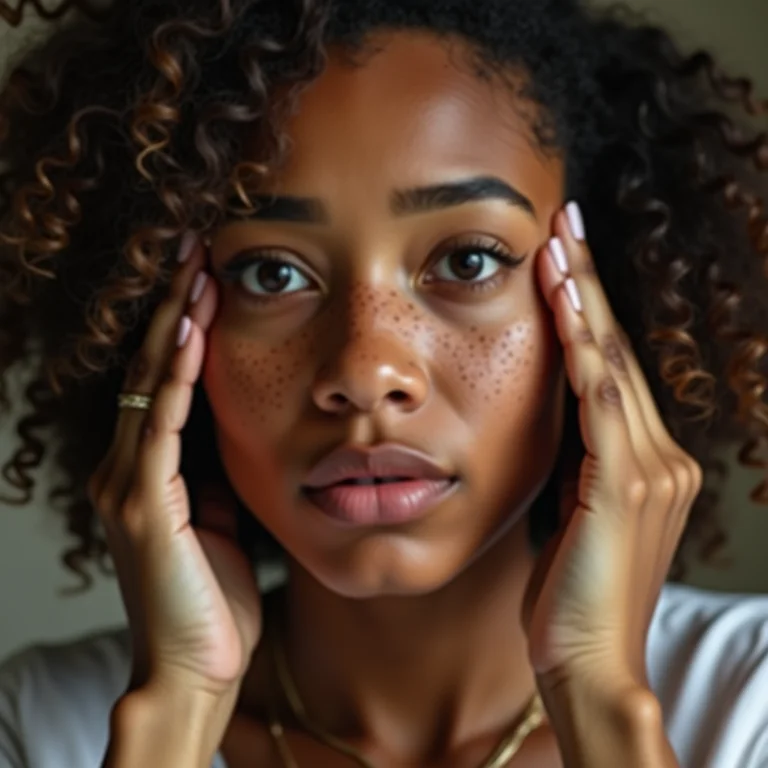 Mulher branca analisando as olheiras no espelho.