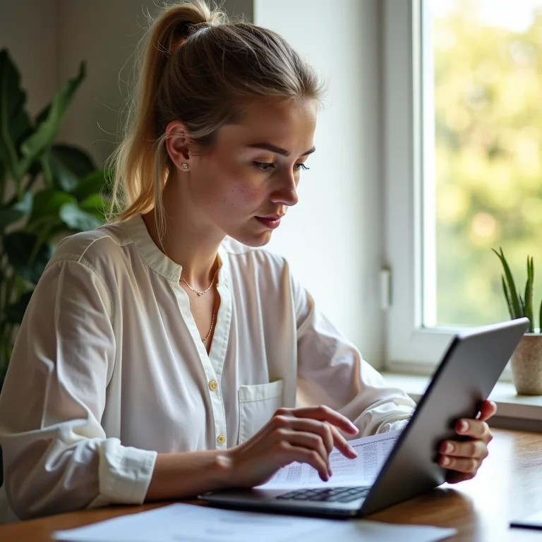 Mulher branca analisando fluxo de caixa em tablet.