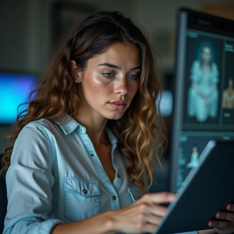 Mulher branca analisando modelos em um ambiente digital