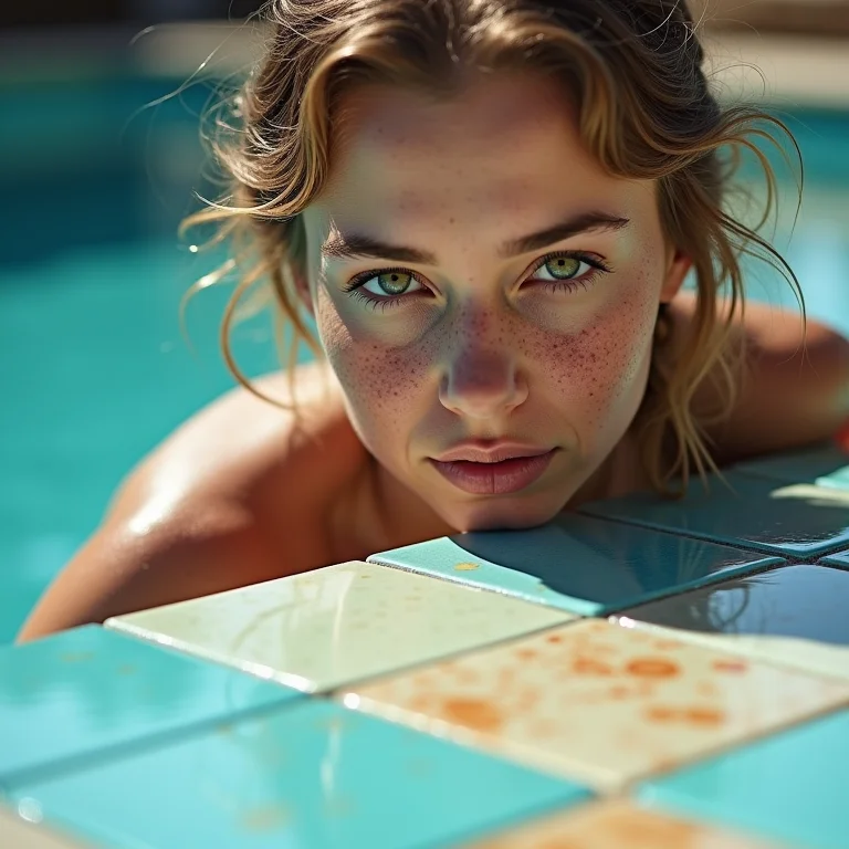 Mulher branca analisando revestimentos para piscina com diferentes texturas e cores