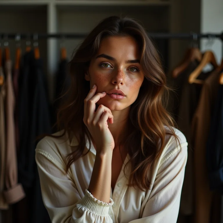 Mulher branca analisando seu guarda-roupa