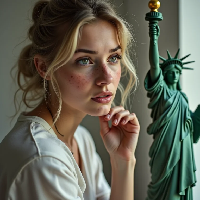 Mulher branca analisando uma réplica da Estátua da Liberdade.