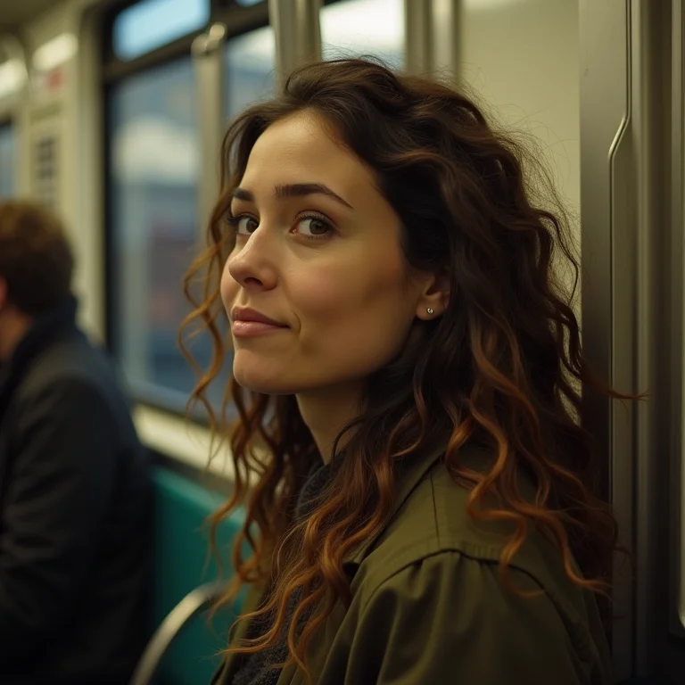 Mulher branca andando de metrô em Boston.