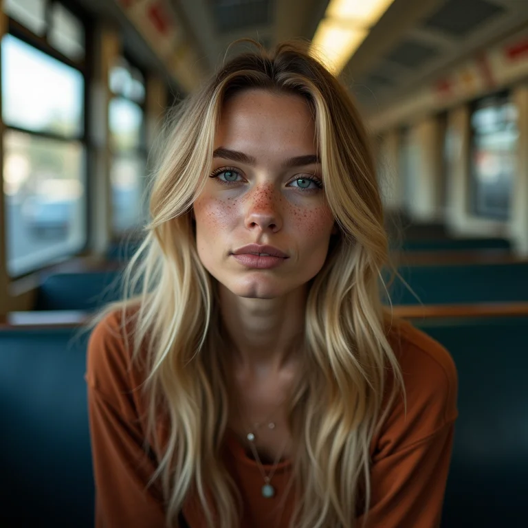 Mulher branca andando no metrô de Washington D.C.