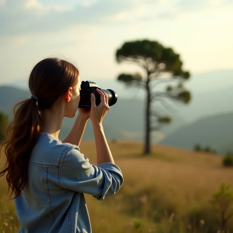 Mulher branca aplicando a regra dos terços ao fotografar uma paisagem