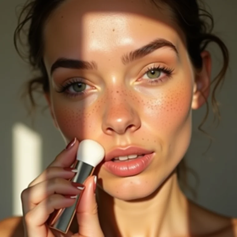 Mulher branca aplicando corretivo pêssego com esponja