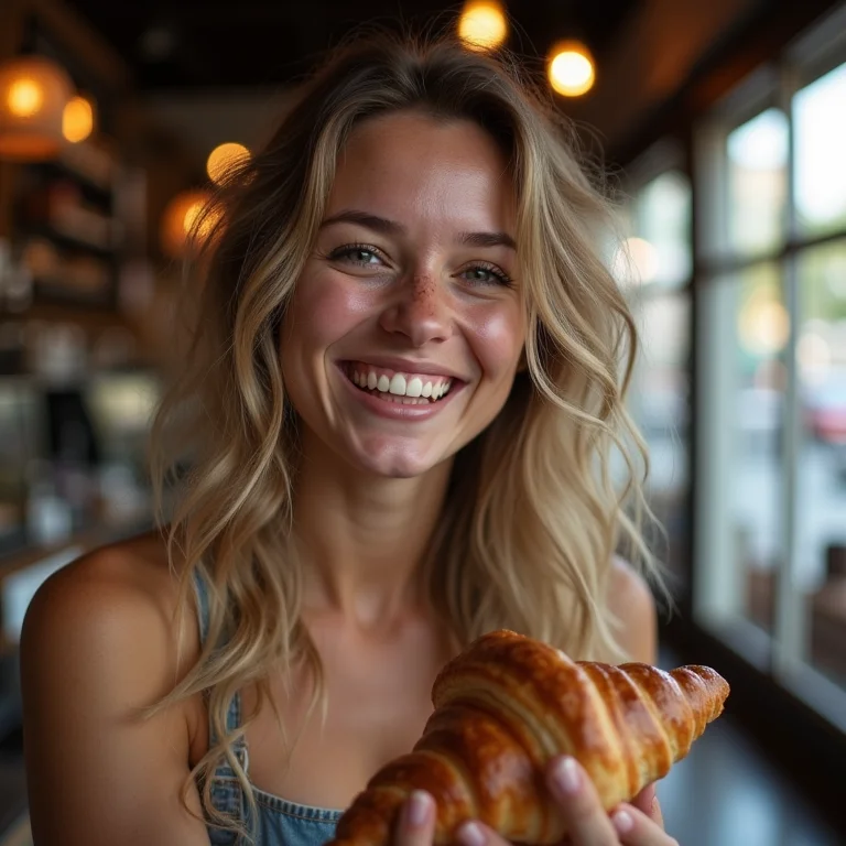 Mulher branca aprendendo francês em uma padaria em Paris.